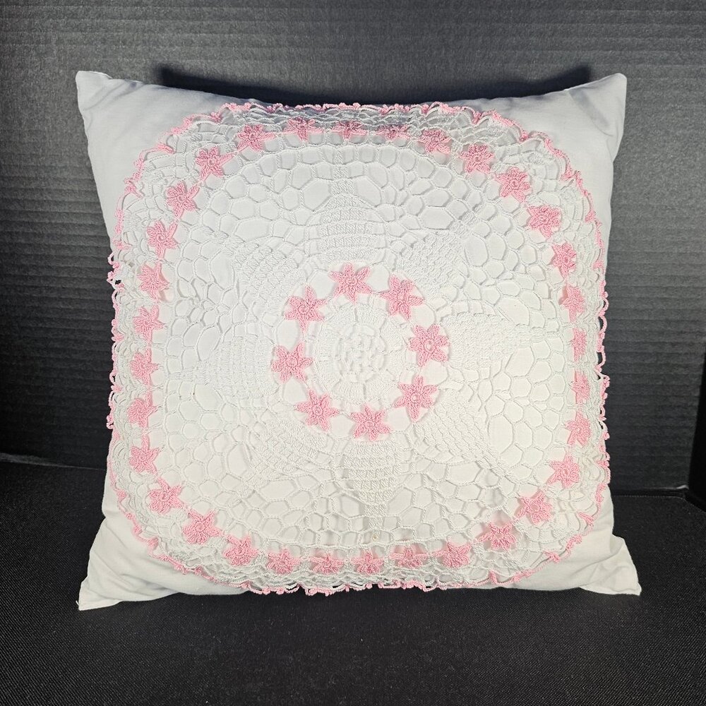 Shabby Chic Handmade White Pillow With vintage Crocheted Doily Pink Sewn Front